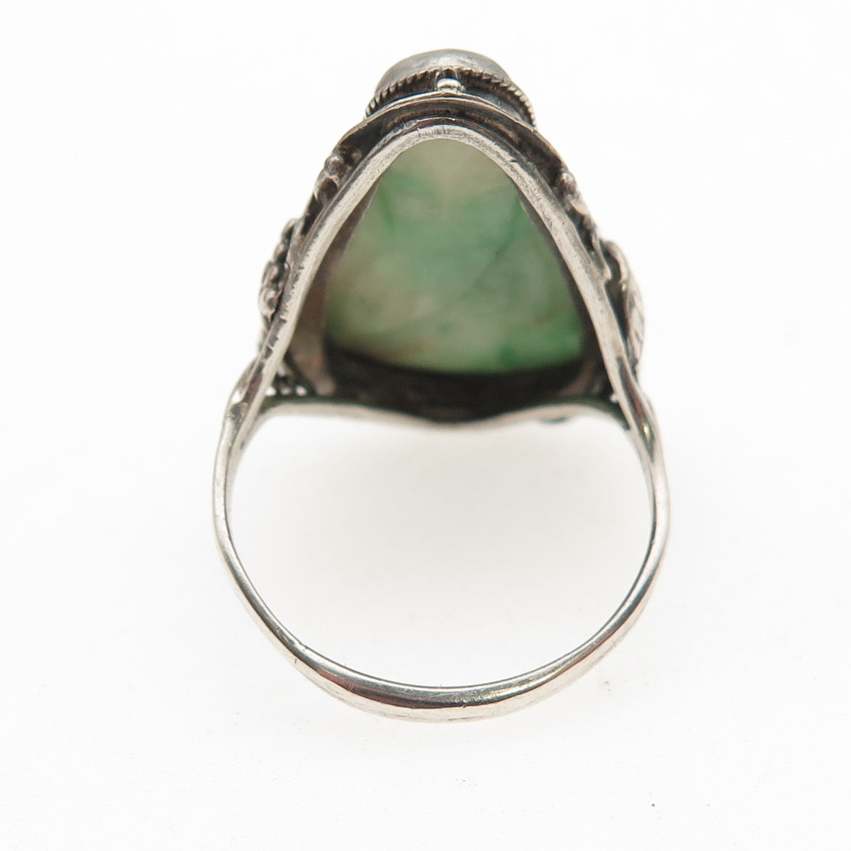 925 Sterling Silver Antique China Real Jade Carved Buddha Ring Size 8.25