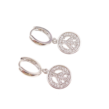 925 Sterling Silver Round-Cut C Z Peace Symbol Dangle Charm Hoop Earrings