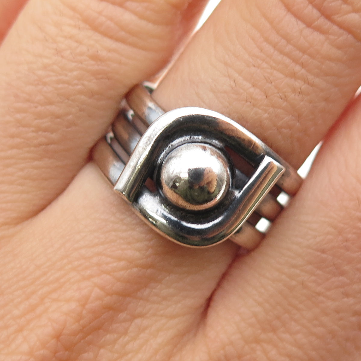 925 Sterling Silver Vintage Modernist Multi-Row Oxidized Ring Size 9.25