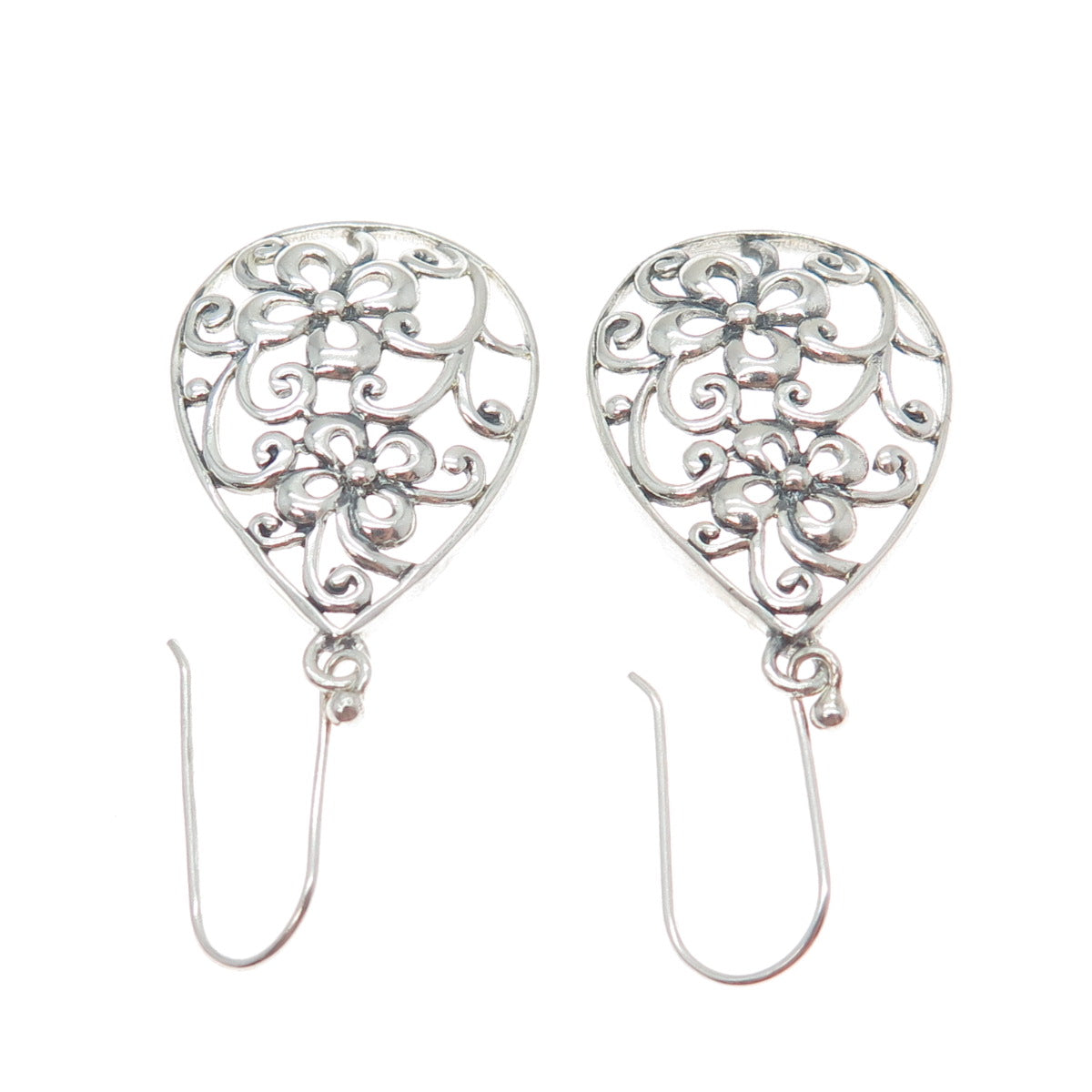 CHAPAL ZENRAY 925 Sterling Silver Vintage Ornate Flower Teardrop Dangle Earrings