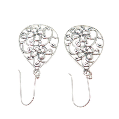 CHAPAL ZENRAY 925 Sterling Silver Vintage Ornate Flower Teardrop Dangle Earrings