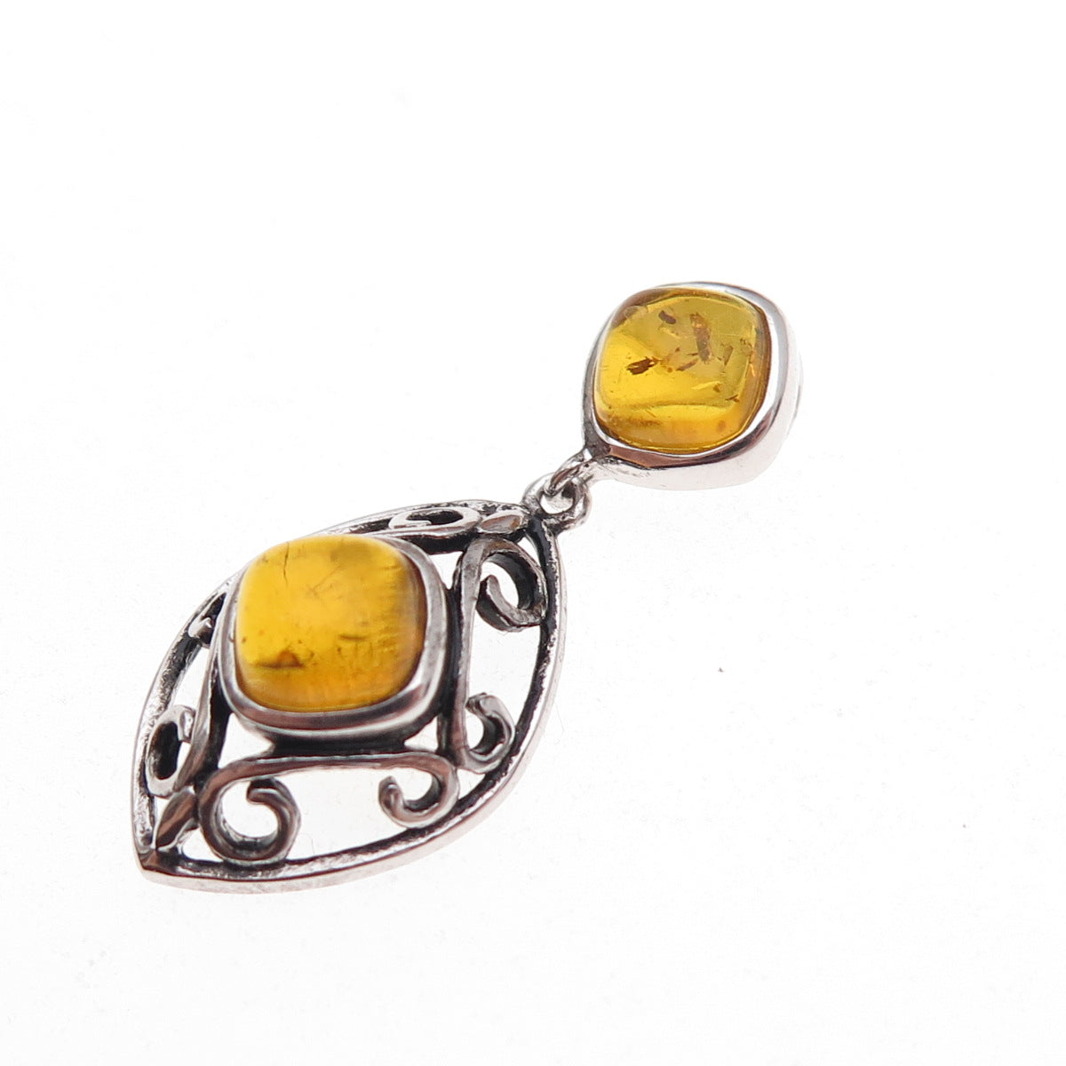925 Sterling Silver Vintage Real Amber Oxidized Slide Charm Pendant