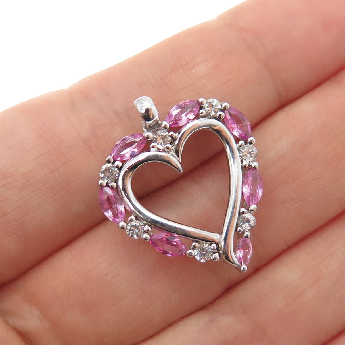 SAI 925 Sterling Silver Real Pink Sapphire & White Topaz Heart Charm Pendant