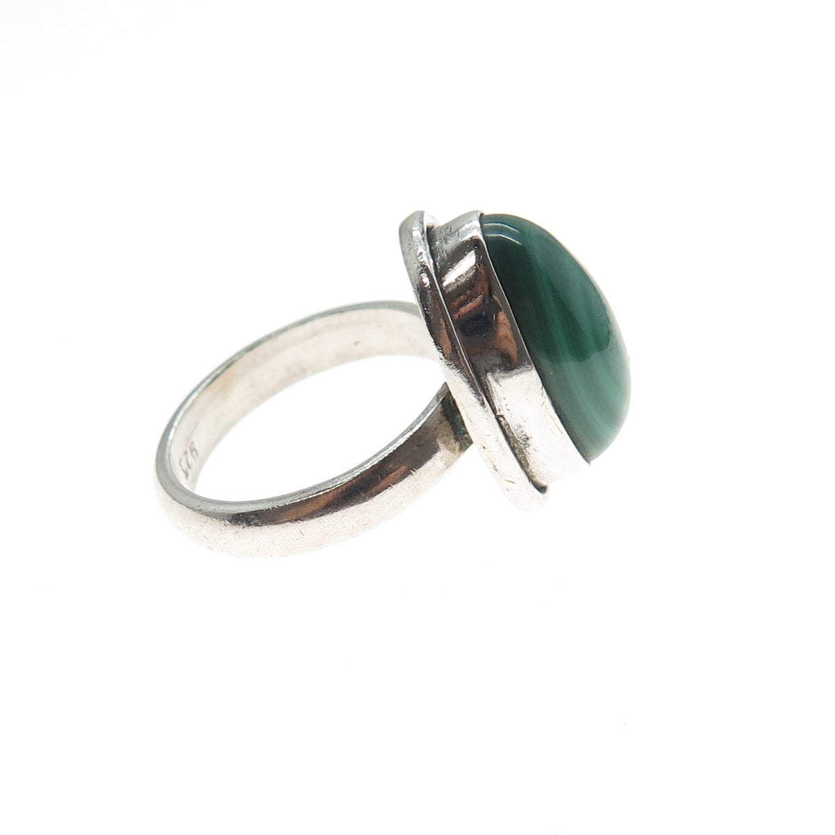 925 Sterling Silver Vintage Real Malachite Modernist Ring Size 7.75