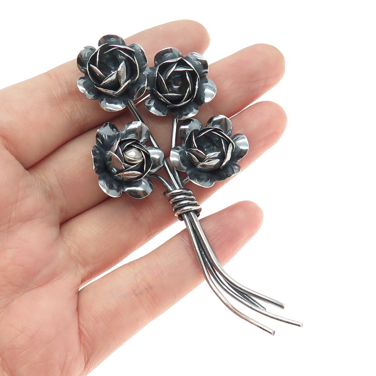 CORO 925 Sterling Silver Antique Art Deco Rose Flower Oxidized Pin Brooch