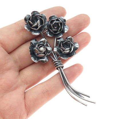 CORO 925 Sterling Silver Antique Art Deco Rose Flower Oxidized Pin Brooch