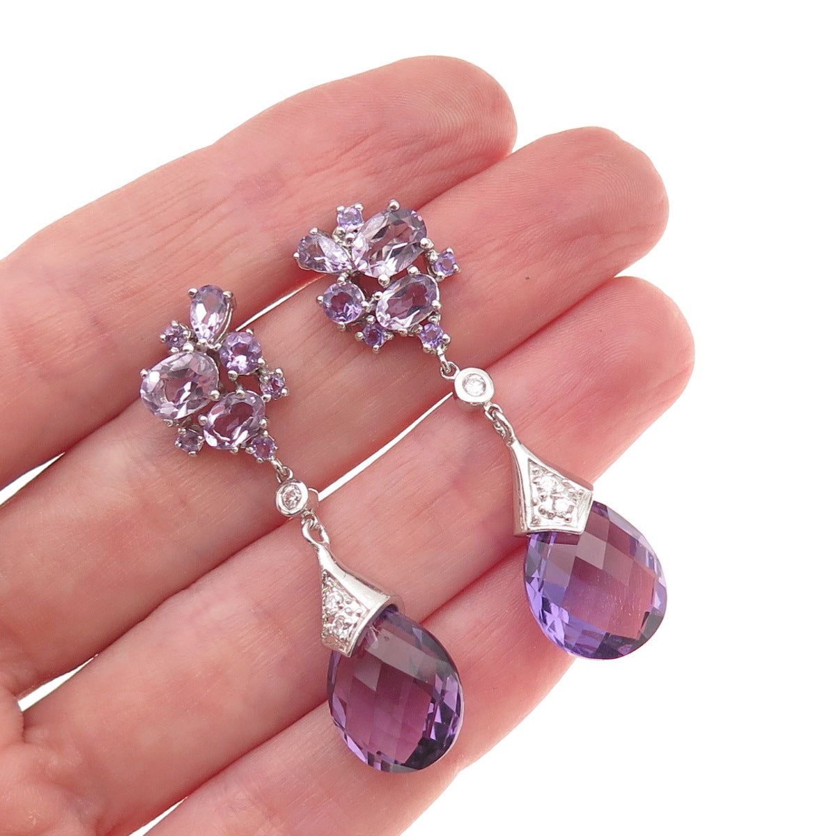 925 Sterling Silver Real Amethyst & C Z Drop Dangle Earrings