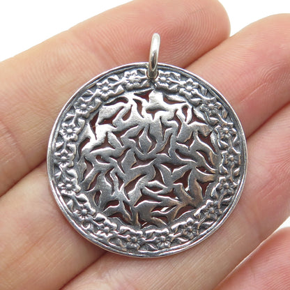 SILPADA Sterling Silver Vintage Israel Birds & Flowers Round Oxidized Pendant