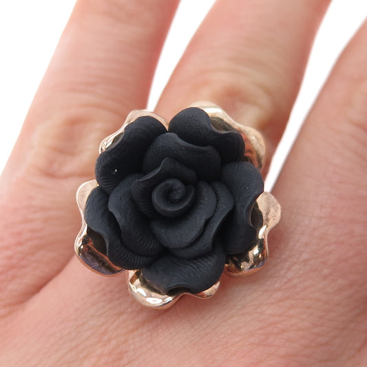 925 Sterling Silver Gold Plated Italy Carved Lava Stone Rose Ring Size 5.25