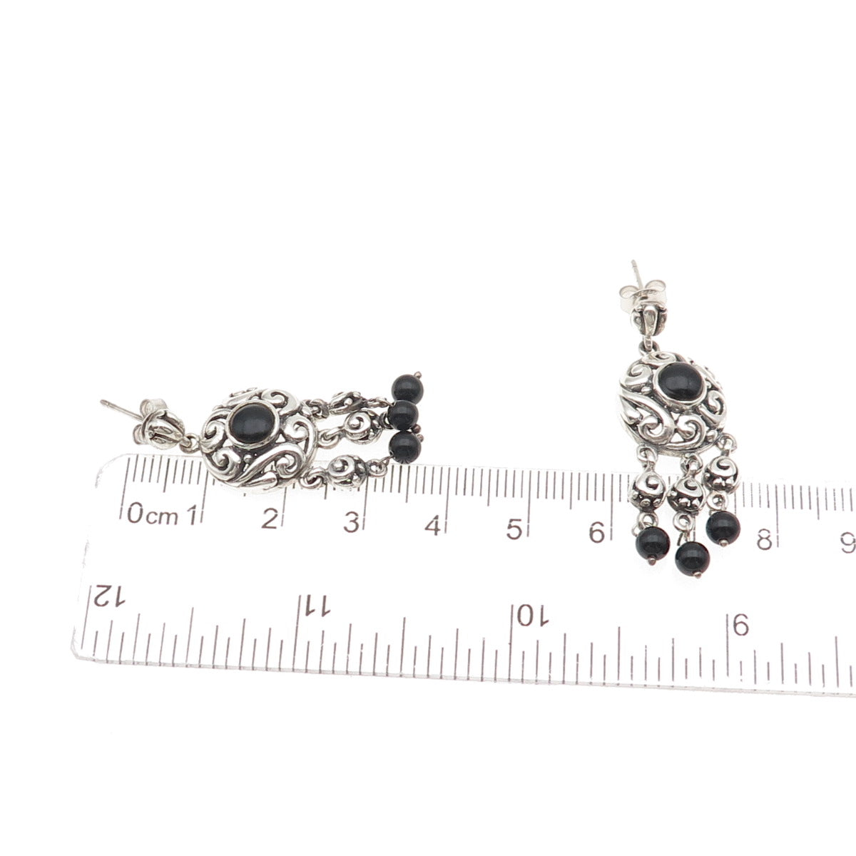 925 Sterling Silver Vintage Real Black Onyx Spiral Oxidized Dangle Earrings