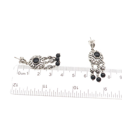 925 Sterling Silver Vintage Real Black Onyx Spiral Oxidized Dangle Earrings
