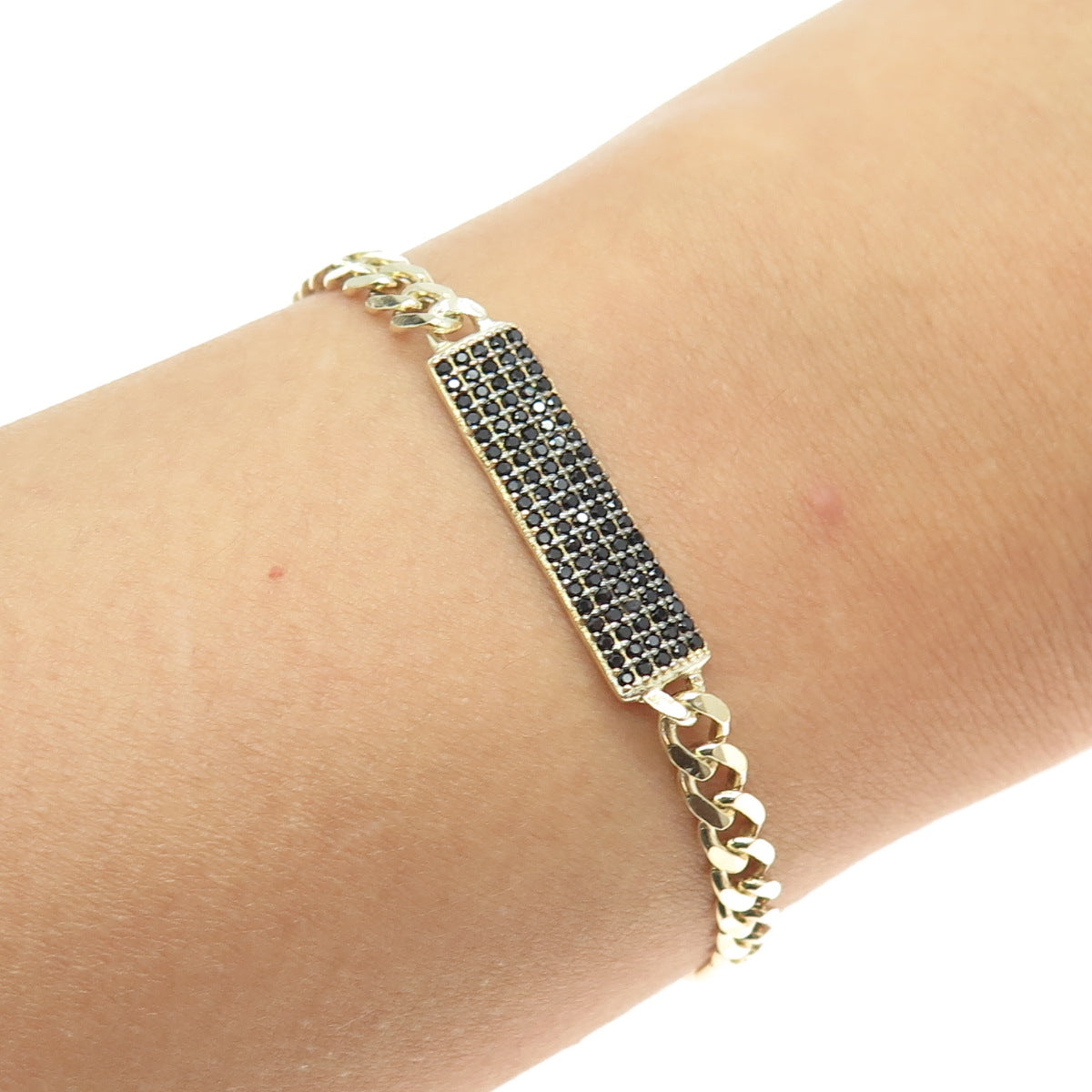 925 Sterling Silver Gold Plated Round-Cut Black Spinel Curb Link ID Bracelet 7"