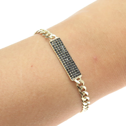 925 Sterling Silver Gold Plated Round-Cut Black Spinel Curb Link ID Bracelet 7"
