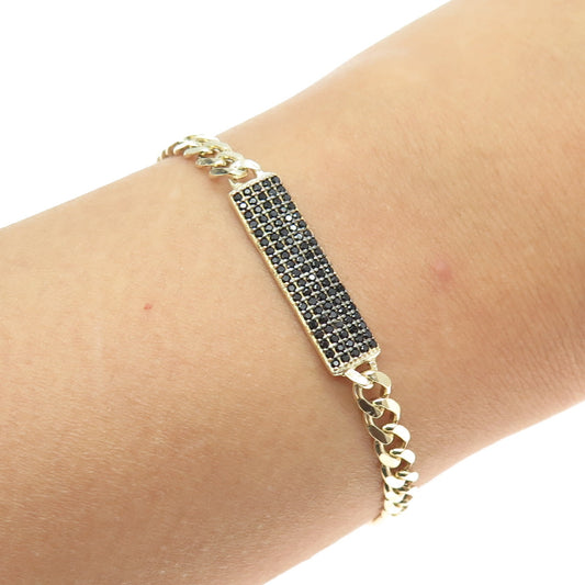925 Sterling Silver Gold Plated Round-Cut Black Spinel Curb Link ID Bracelet 7"