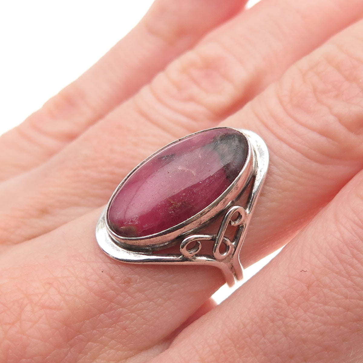 925 Sterling Silver Vintage Real Rhodonite Oxidized Ring Size 6