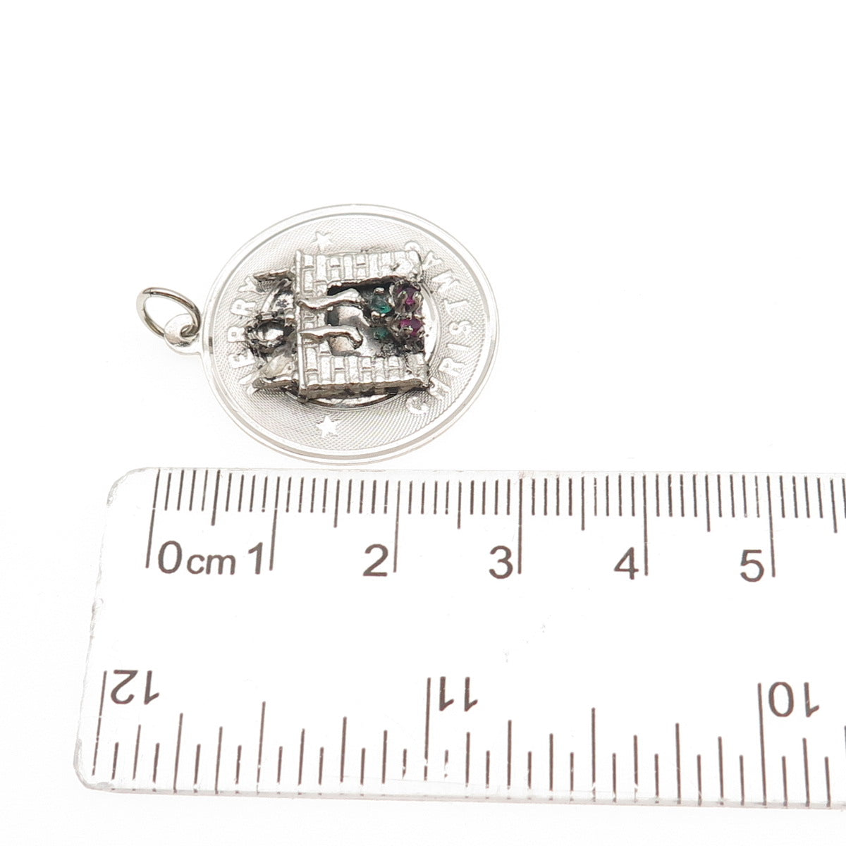 925 Sterling Silver Vintage Rhinestone Merry Christmas Fireplace Charm Pendant