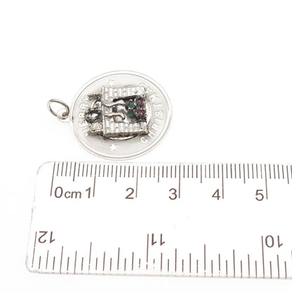 925 Sterling Silver Vintage Rhinestone Merry Christmas Fireplace Charm Pendant