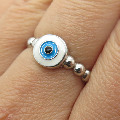 925 Sterling Silver Enamel Evil's Eye Beaded Ring Size 8