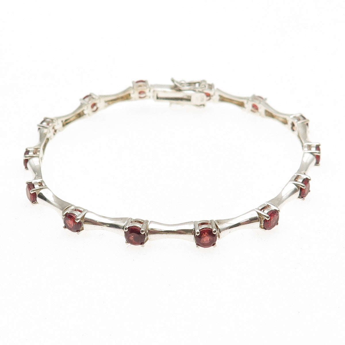 HAN 925 Sterling Silver Vintage Real Red Garnet Bamboo Link Bracelet 7.25"