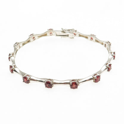 HAN 925 Sterling Silver Vintage Real Red Garnet Bamboo Link Bracelet 7.25"