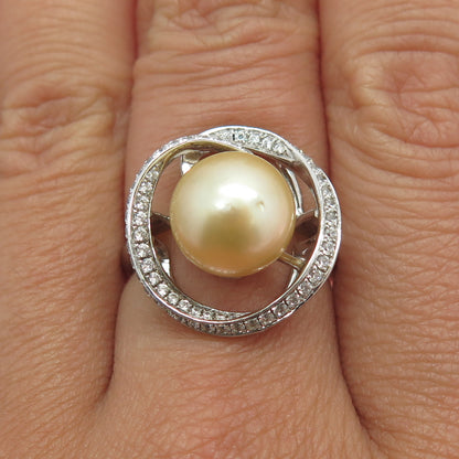 925 Sterling Silver Real Pearl & Round-Cut C Z Swirl Ring Size 7