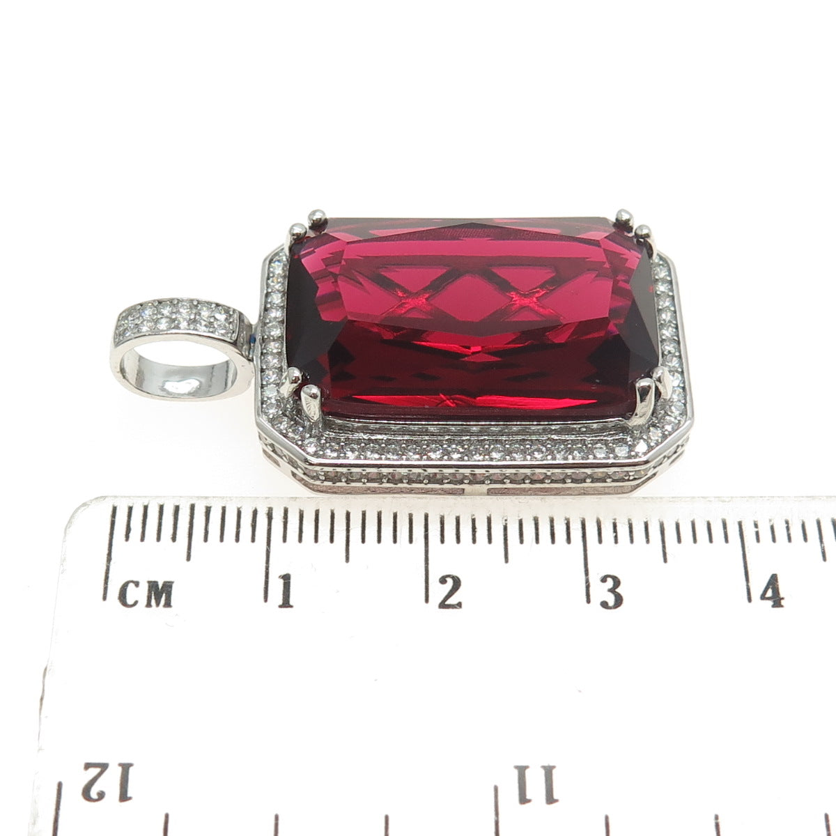 925 Sterling Silver Radiant-Cut Red Glass & Round-Cut C Z Pendant