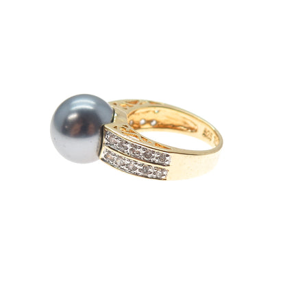 925 Sterling Silver Gold Plated Faux Pearl & C Z Ring Size 6