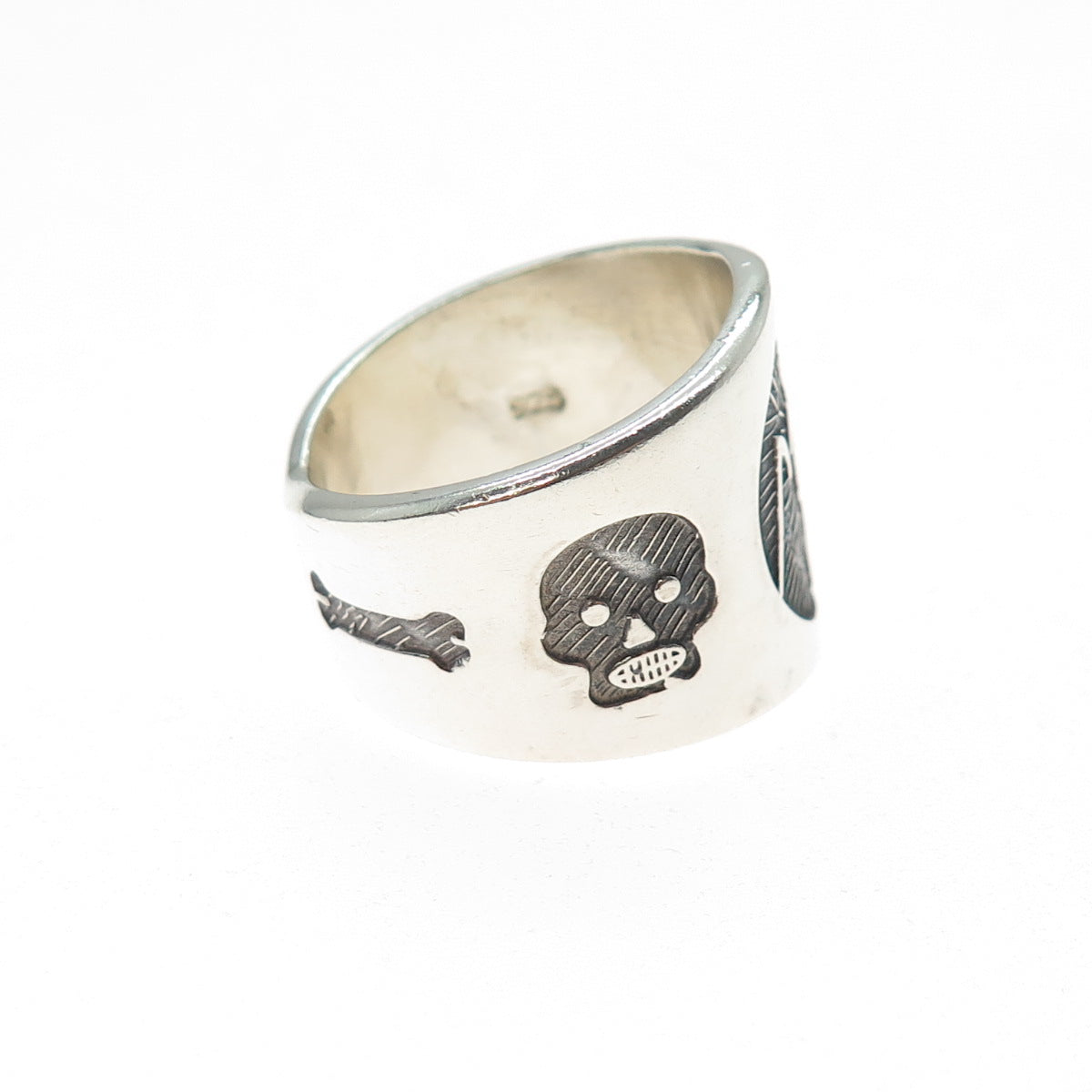925 Sterling Silver Vintage Santa Muerte Oxidized Ring Size 8.75