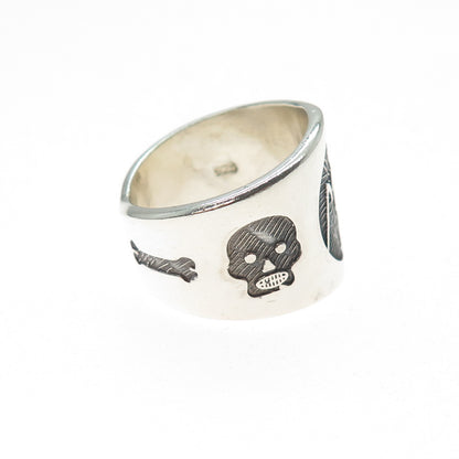 925 Sterling Silver Vintage Santa Muerte Oxidized Ring Size 8.75