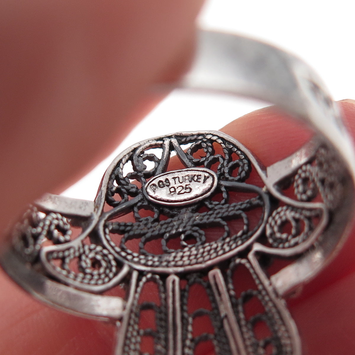 925 Sterling Silver Vintage Hamsa Amulet Filigree Oxidized Ring Size 10.25