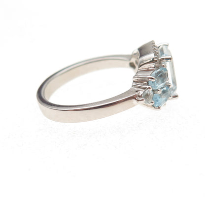 925 Sterling Silver Real Aquamarine Blue & White Topaz Ring Size 7.75