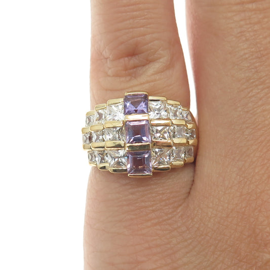 925 Sterling Silver Gold Plated Real Princess-Cut Amethyst & C Z Ring Size 4.75