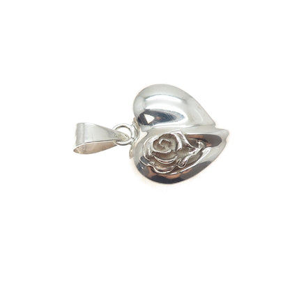 925 Sterling Silver Vintage Mexico Rose Flower Heart Charm Pendant