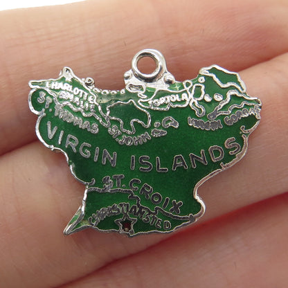 925 Sterling Silver Vintage Green Enamel Saint Croix, Virgin Islands Pendant