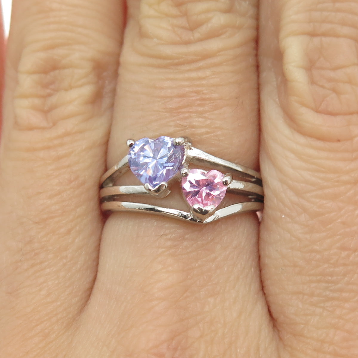 925 Sterling Silver Purple & Pink C Z Heart Ring Size 6.75