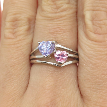 925 Sterling Silver Purple & Pink C Z Heart Ring Size 6.75