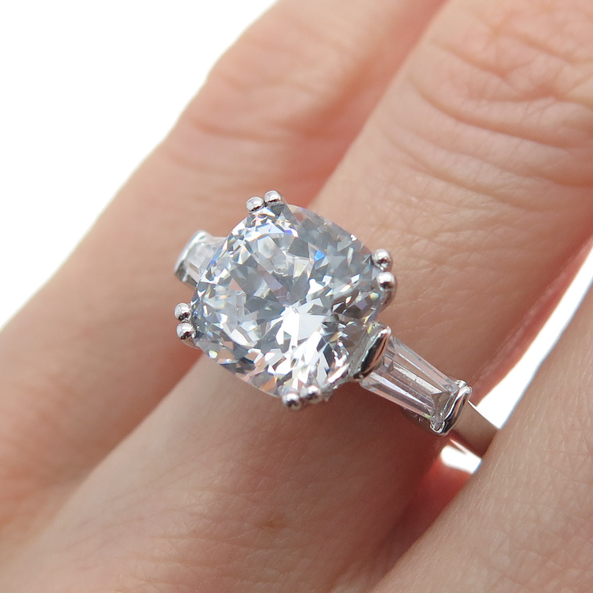 DSMK 925 Sterling Cushion & Tapered Baguette-Cut C Z Engagement Ring Size 6.25