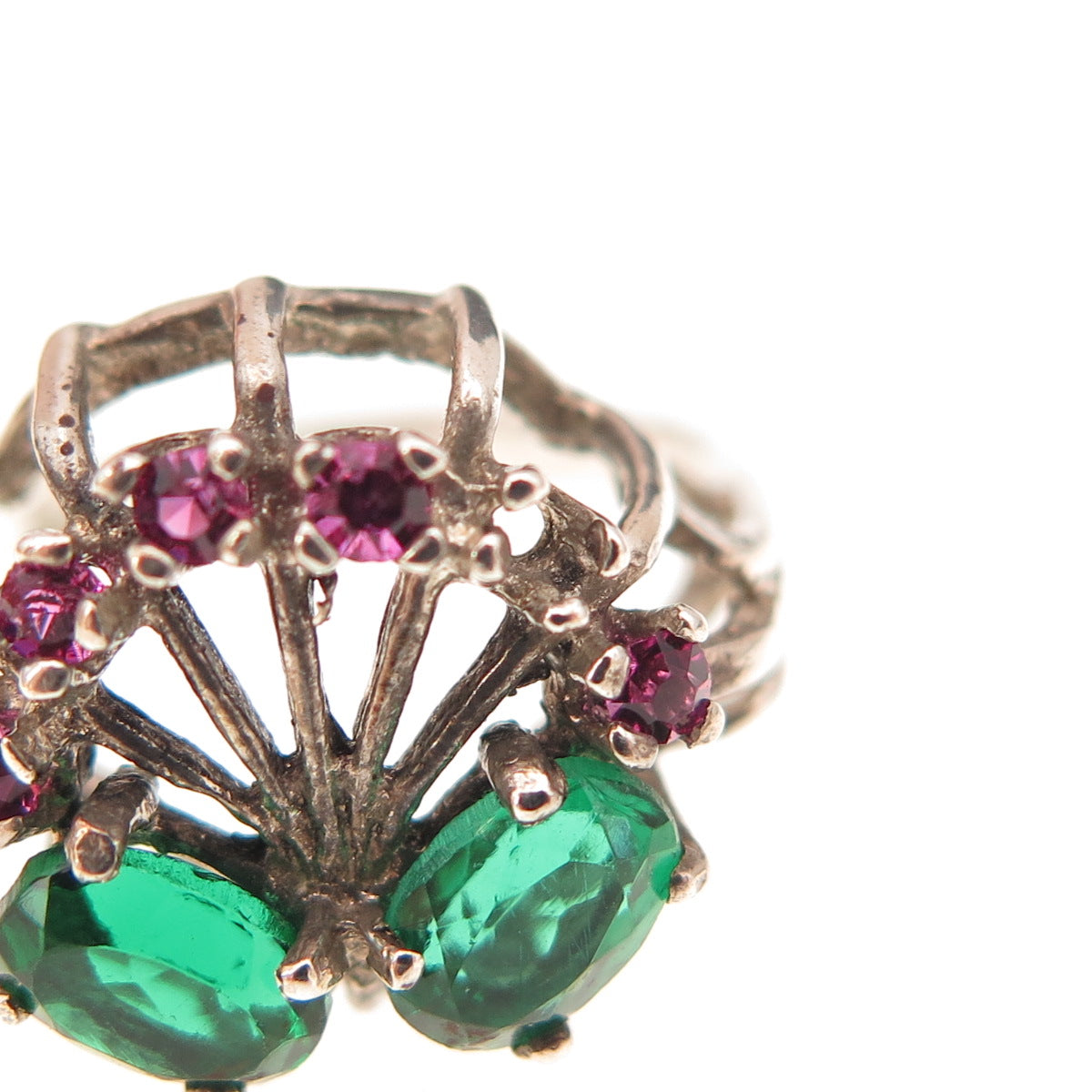 925 Sterling Vintage Green & Pink Rhinestone Ring Size 6.5 (missing 1 stone)