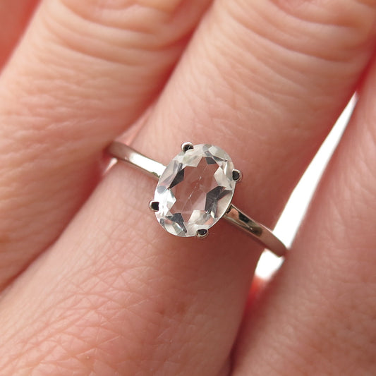 Dazzlers 925 Sterling Silver Real Oval-Cut White Topaz Engagement Ring Size 6.75