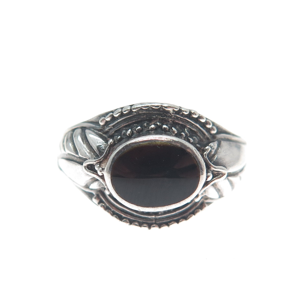 925 Sterling Silver Vintage Real Black Onyx Gemstone Leaf Ring Size 8.25