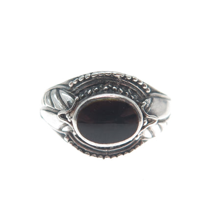 925 Sterling Silver Vintage Real Black Onyx Gemstone Leaf Ring Size 8.25