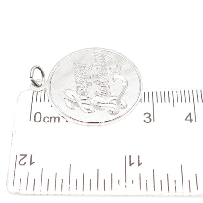 925 Sterling Silver Vintage Happy Birthday Round Tag Charm Pendant