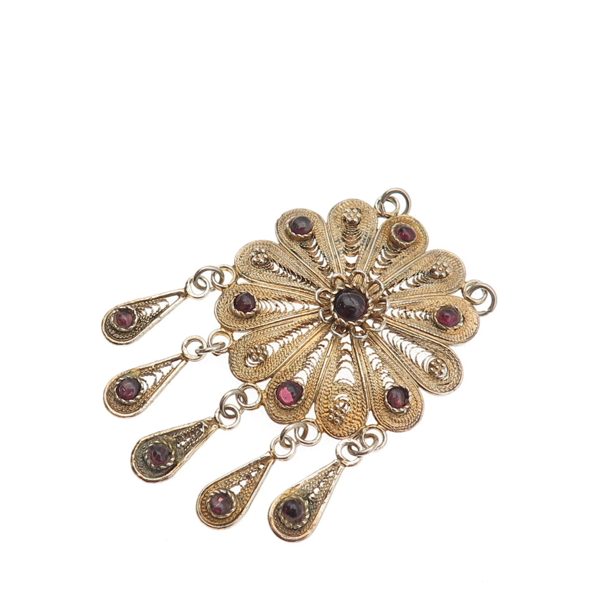 925 Sterling Gold Plated Vintage Real Garnet Filigree Floral Centerpiece Pendant