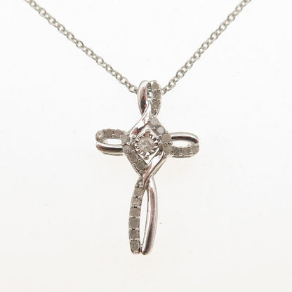 925 Sterling Silver Real Round-Cut Diamond Cross Cable Chain Necklace 18"