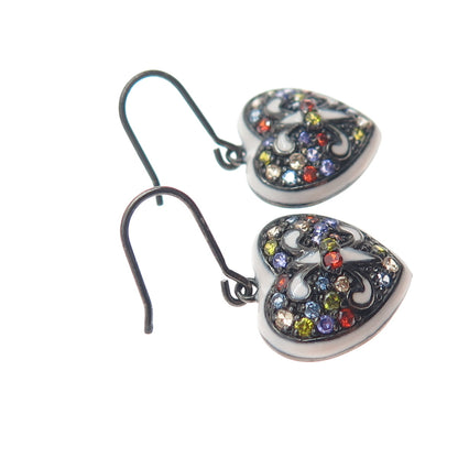 925 Sterling Silver Black Rhodium Enamel Multi-Color C Z Heart Dangle Earrings