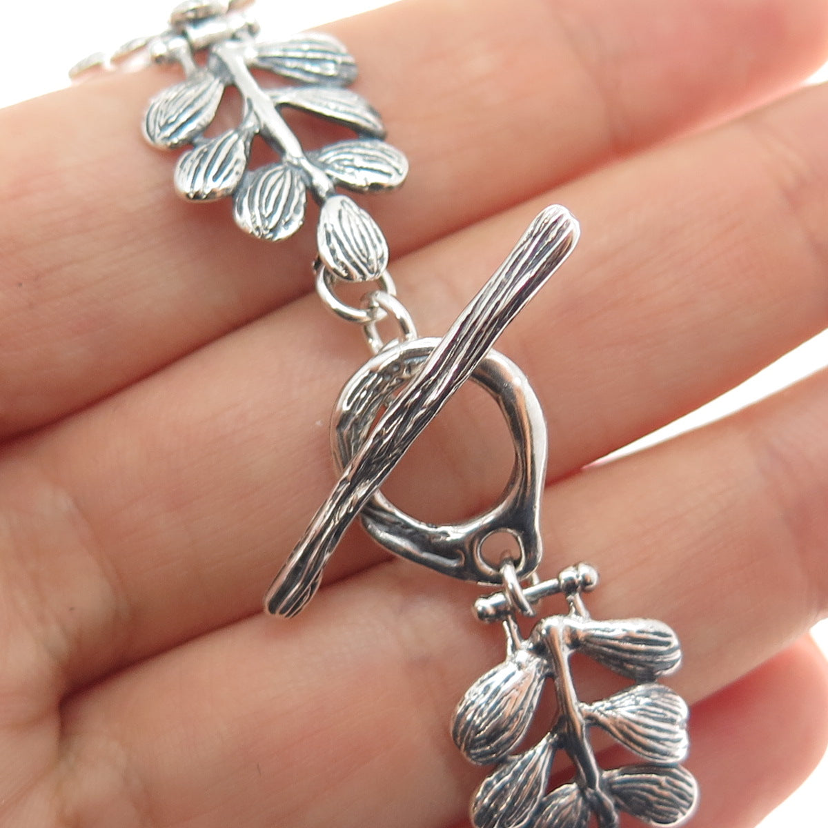 HAGIT GORALI Sterling Silver Vintage Israel Floral Leaf Oxidized Bracelet 6.75"