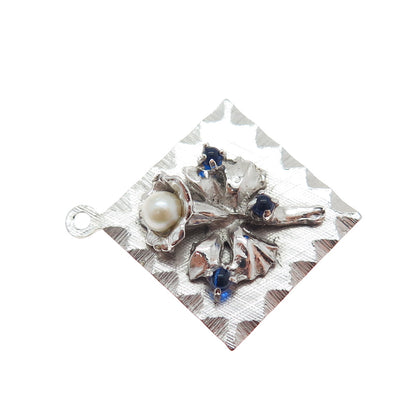 M&M MARK MERCY Sterling Vintage Rhinestone Real Pearl Flower Engraved Pendant