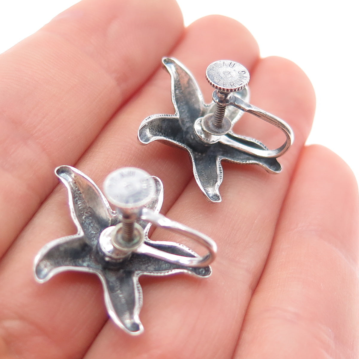 BEAU 925 Sterling Silver Antique Art Deco Starfish Oxidized Screw Back Earrings