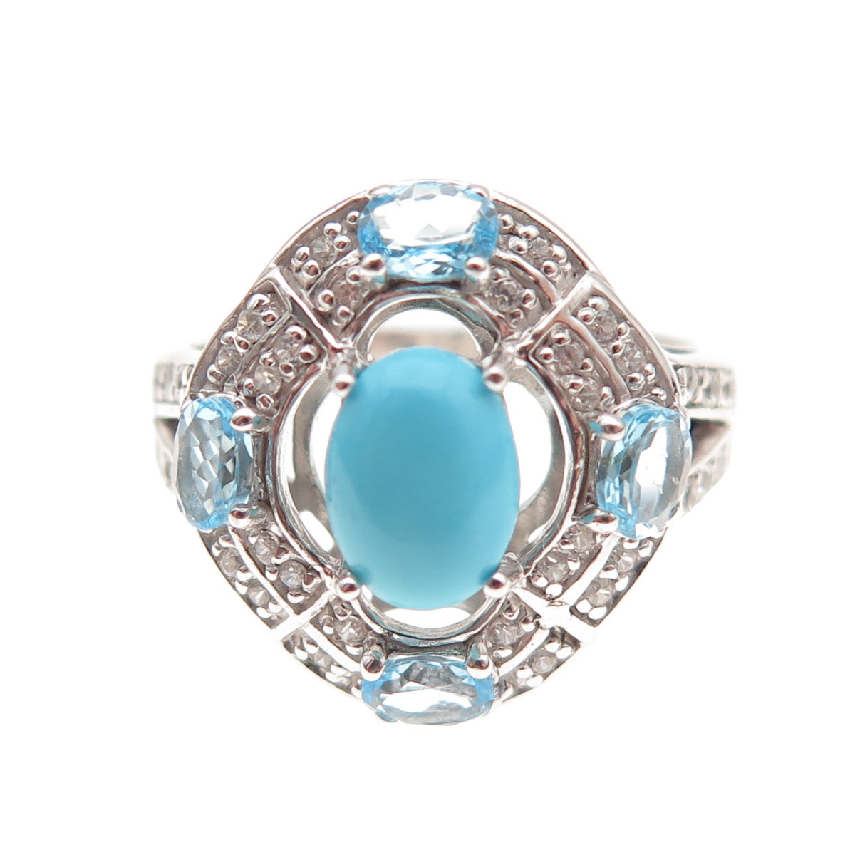 925 Sterling Silver Real Sleeping Beauty Turquoise Blue White Topaz Ring Size 8