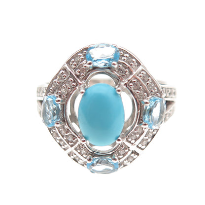925 Sterling Silver Real Sleeping Beauty Turquoise Blue White Topaz Ring Size 8